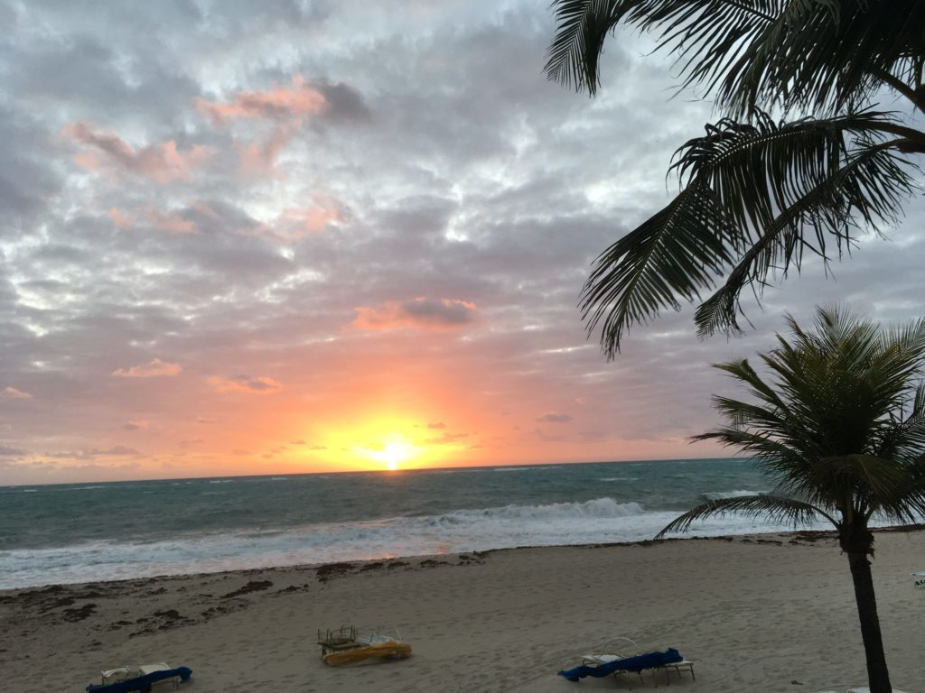 Sunrise over the ocean with a sandy beach.  Beach loungers are in the foreground, as well as some palm branches.