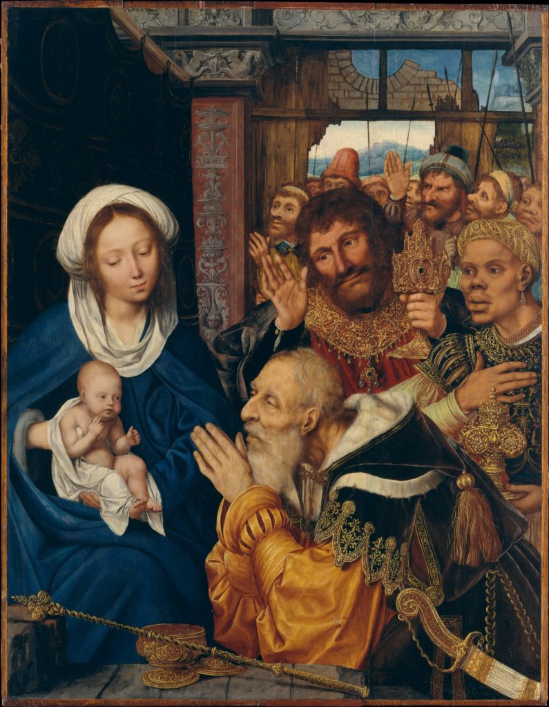 A young woman with a baby on her lap (the Virgin Mary and Christ) on the left, with a crowd on men on the right coming to worship him.