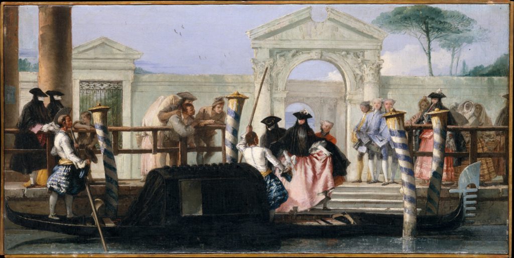 Masked and veiled Venetians from the 1700s get into a gondola, with many people looking on.