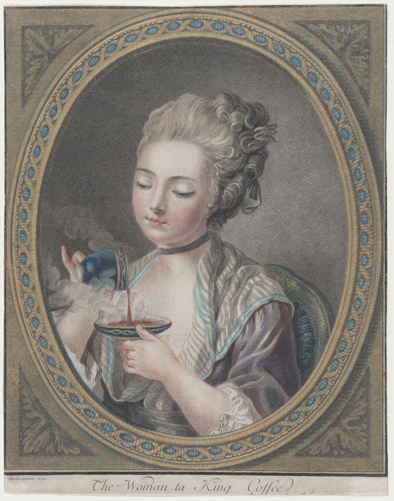A sketch of an 18th century woman pouring steaming coffee from her cup into her saucer.